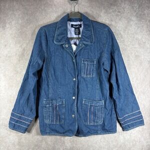 Denim & Co Jacket Womens Size Medium Blue Jean Chore Coat Embroidered Artsy NEW